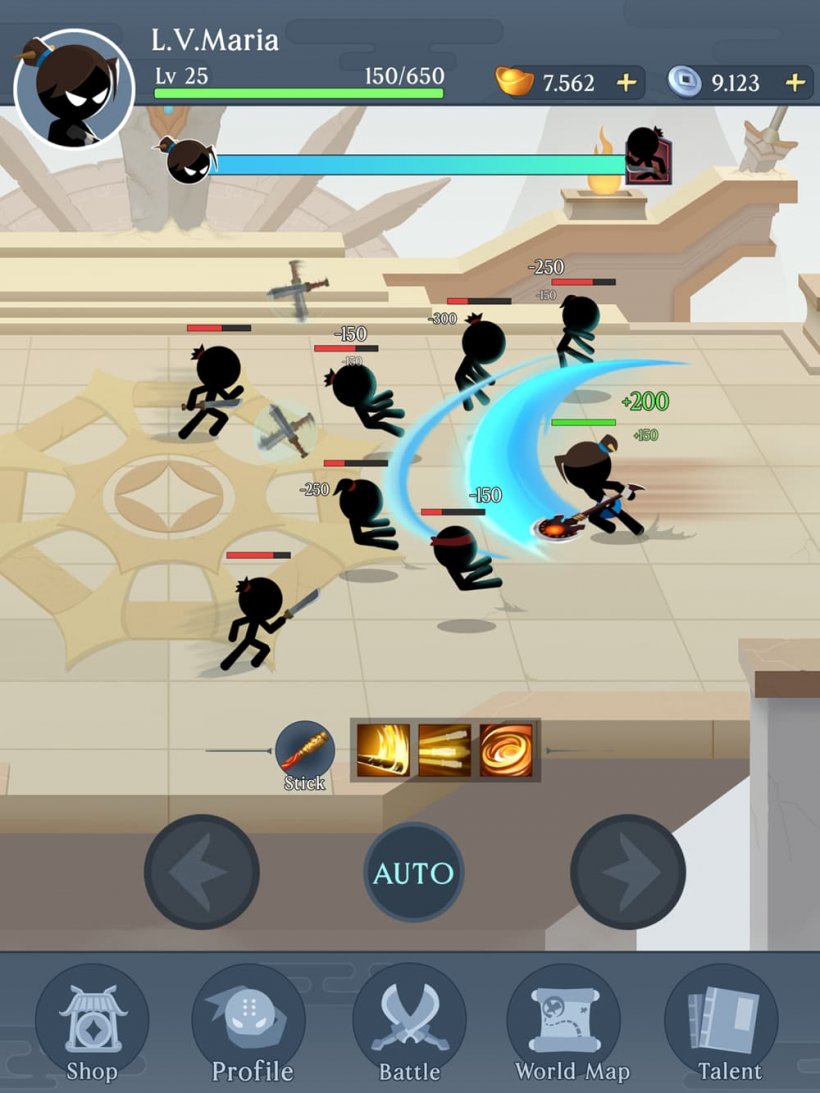 A screenshot from Idle Stickman showing a martial artist attacking a horde of enemies