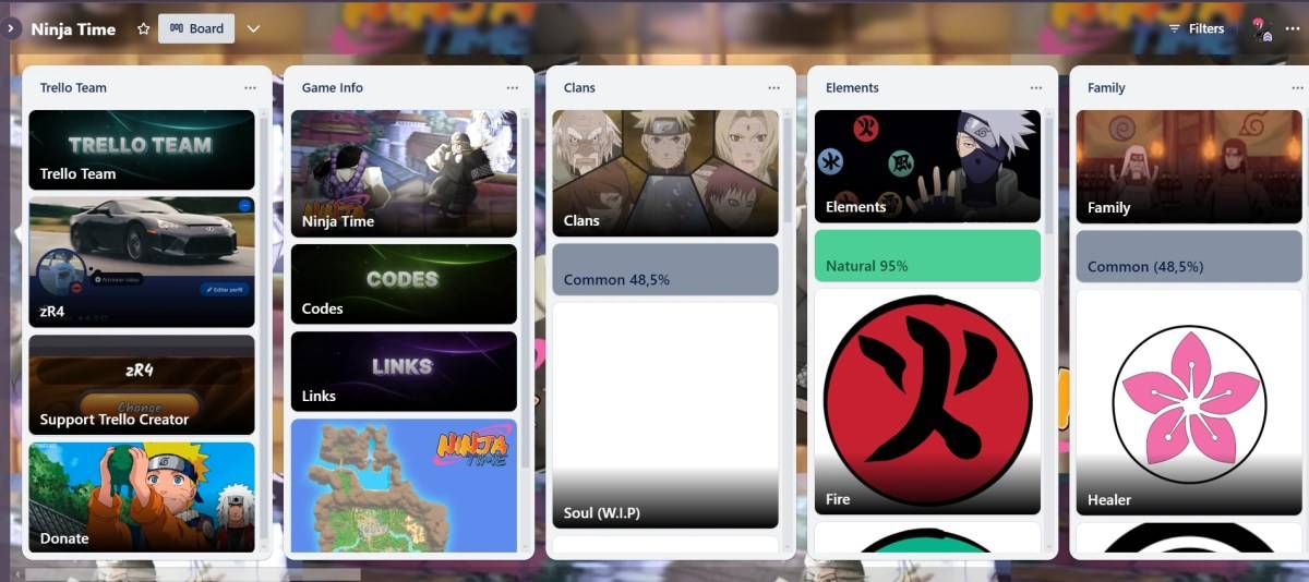 Aperçu du tableau Trello pour le jeu Ninja Time Roblox