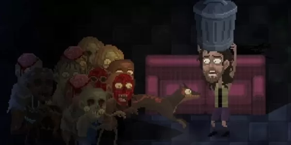 一大群殭屍正在接近一名神情驚慌、頭頂垃圾桶的男子，一隻狗從屍群中撲向他。