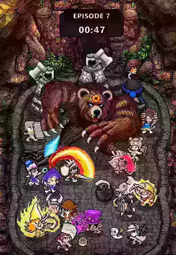 pixel art heroes battling a massive bear creature