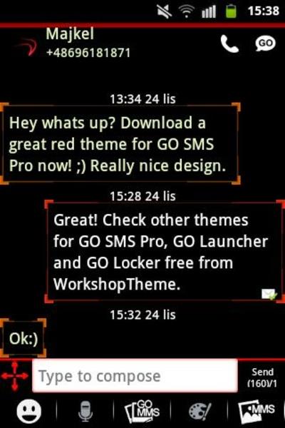 Theme Red Neon GO SMS Ảnh chụp màn hình 3