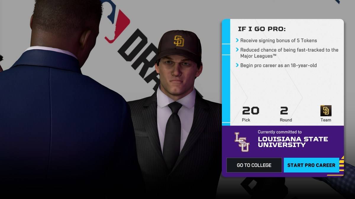 Lựa chọn giữa trường đại học và ưu trong MLB The Show 25 Road to the Show.