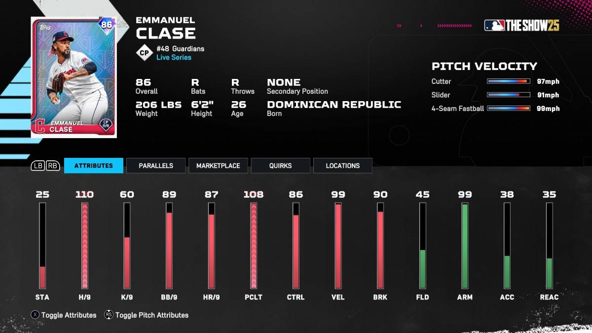 Kad Dinasti Diamond Emmanuel Clase di MLB pertunjukan 25