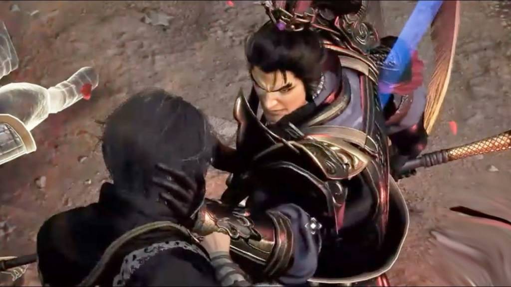 Lu Bu agarrando al vagabundo en Dynasty Warriors: Origins