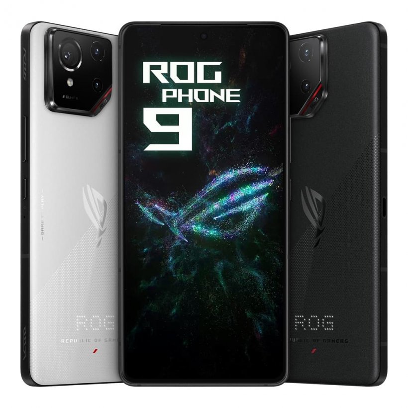 Product photos of the Asus ROG 9, a rather wide smartphone with typical nicely textured casing