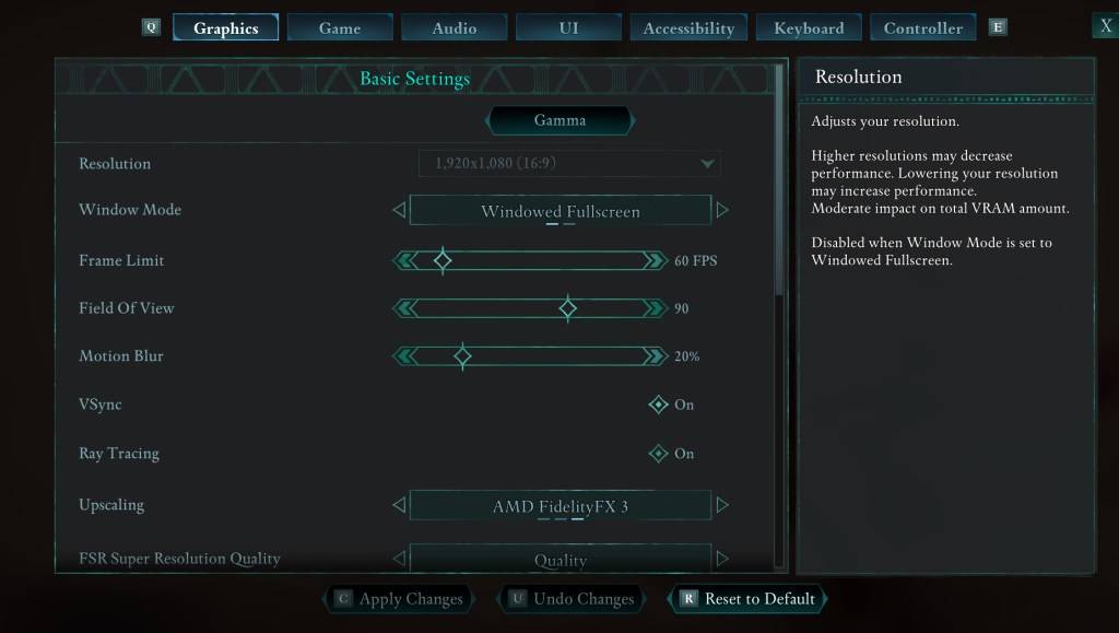 Avowed Settings Menu: Graphics Options