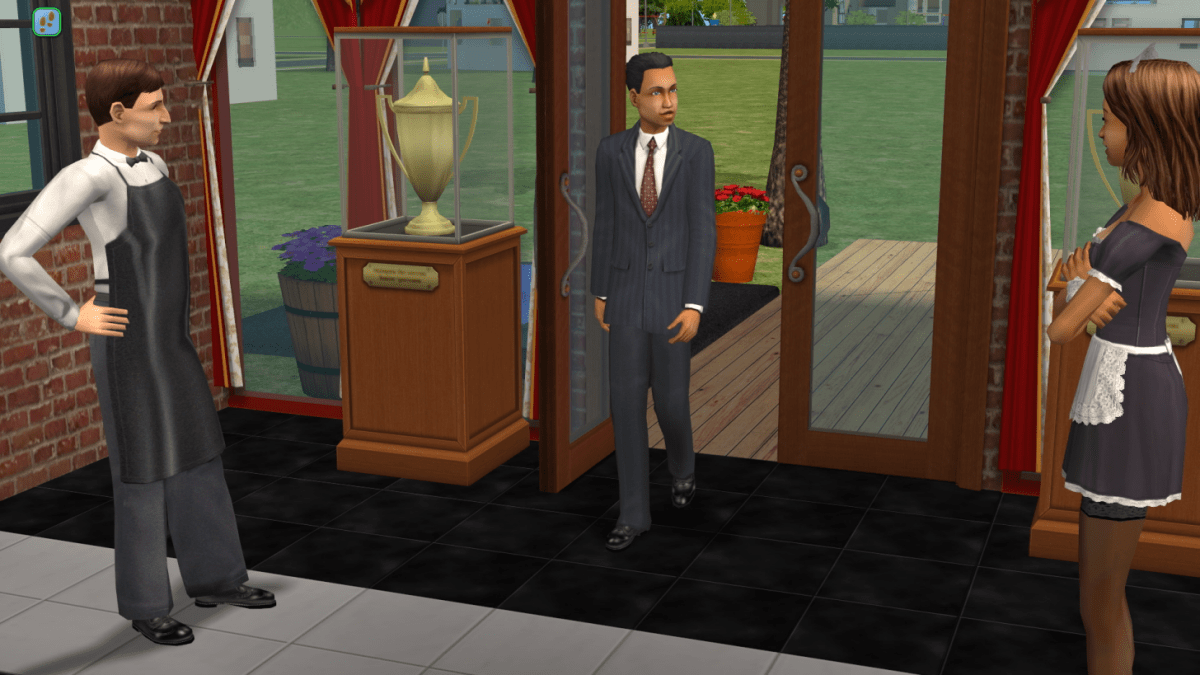 Um personagem entrando em um restaurante no Sims 2 como parte de um artigo sobre Cheats.