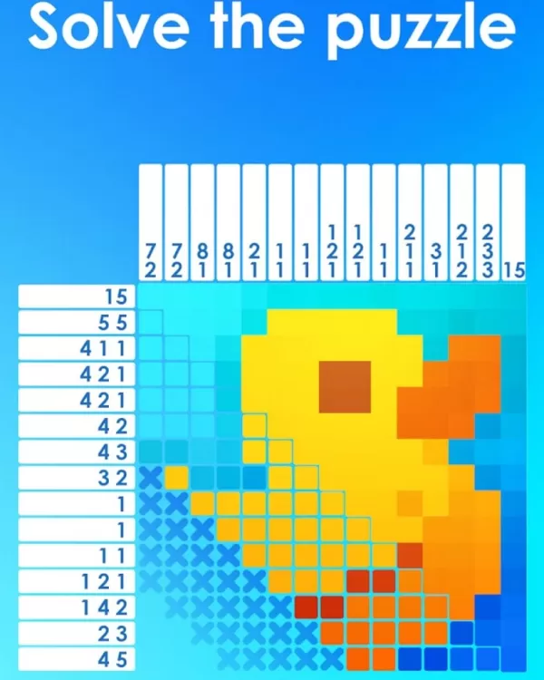 รูปภาพของปริศนาแบบ nonogram ที่แสดงเป็ดที่ถูกเติมเต็ม